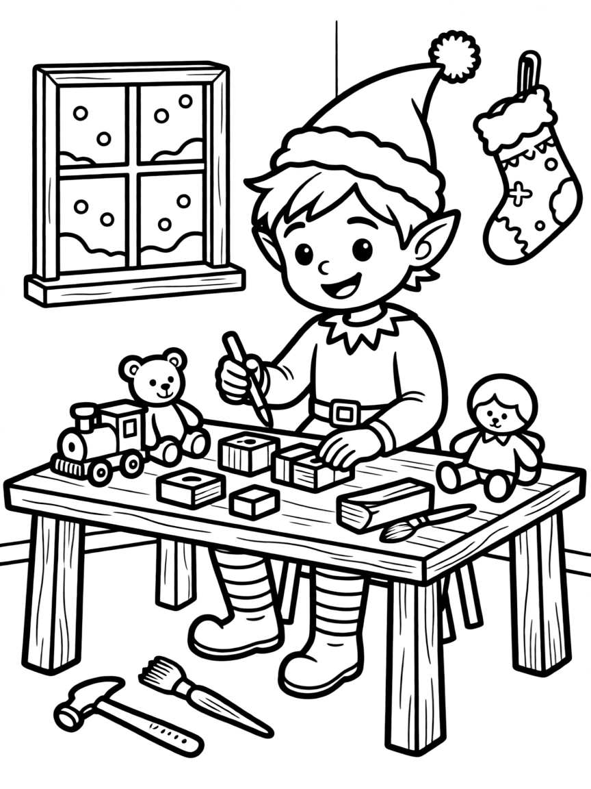 a jolly elf making toys coloring page