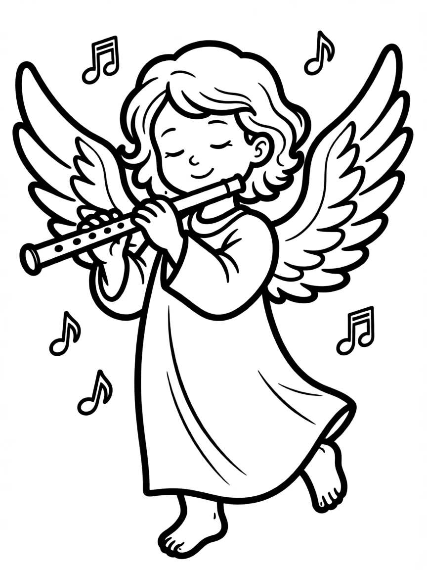 a sweet angel playing a flute coloring page