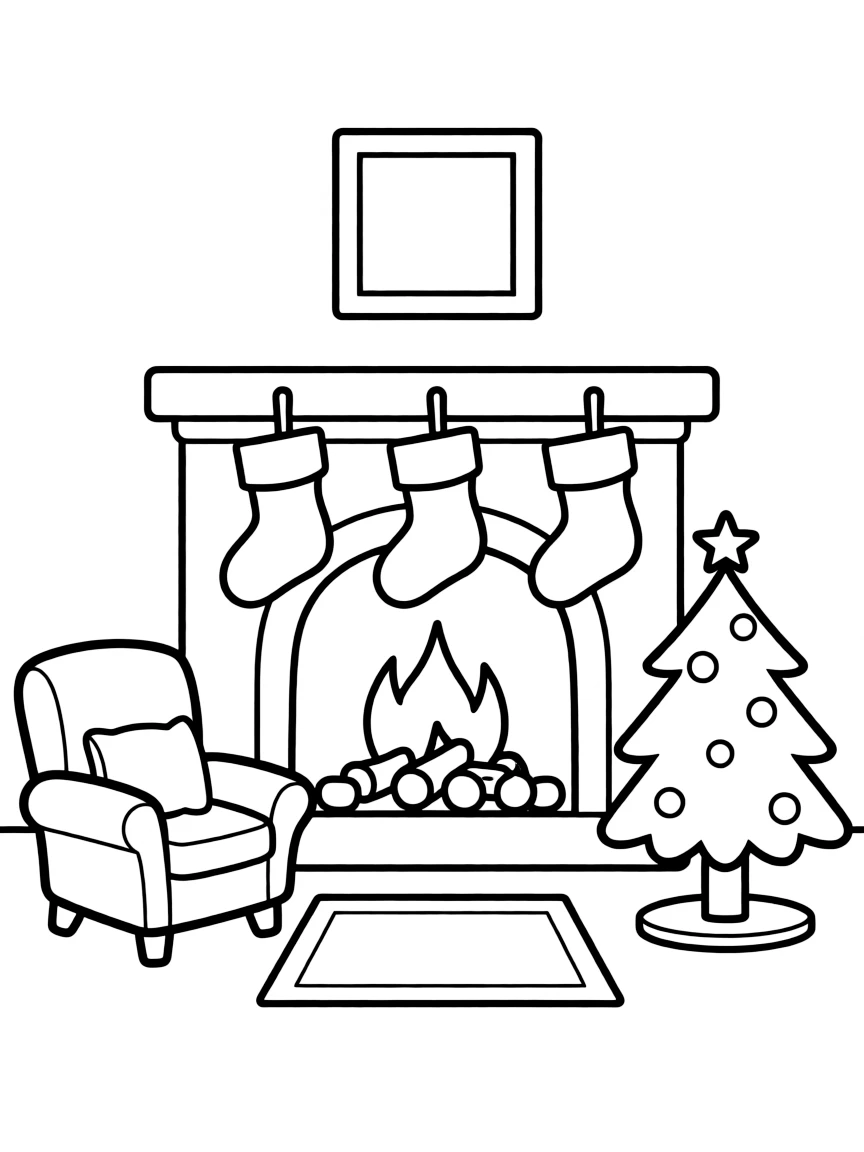a cozy fireplace with stockings coloring page