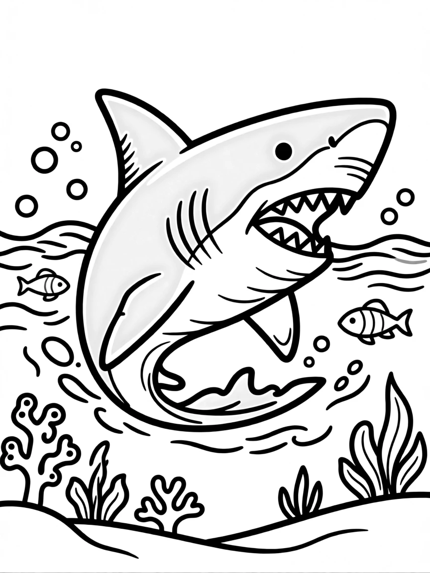 a majestic shark swimming in the ocean coloring page