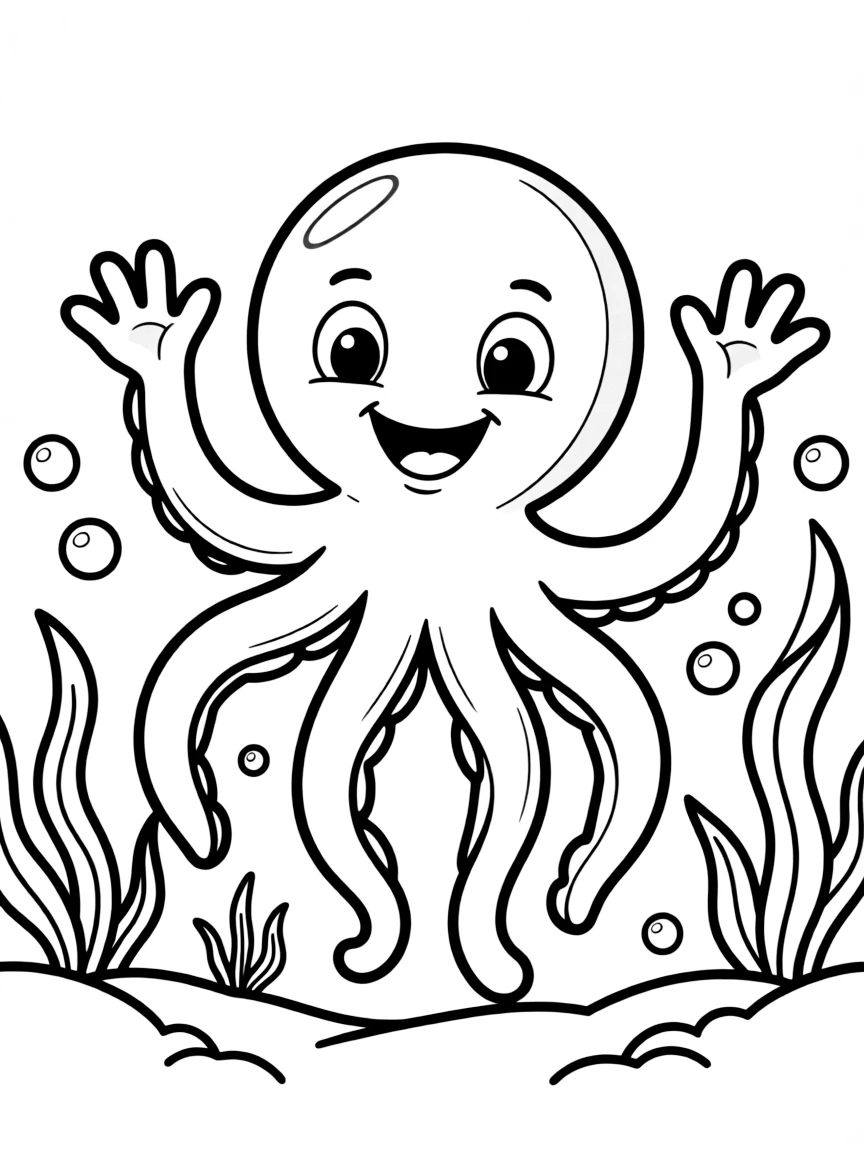a happy octopus waving its tentacles coloring page