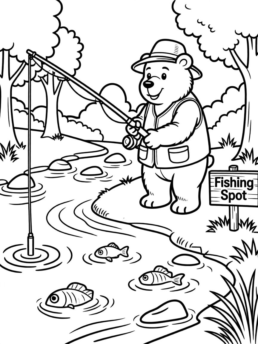 a brave bear fishing in a river coloring page