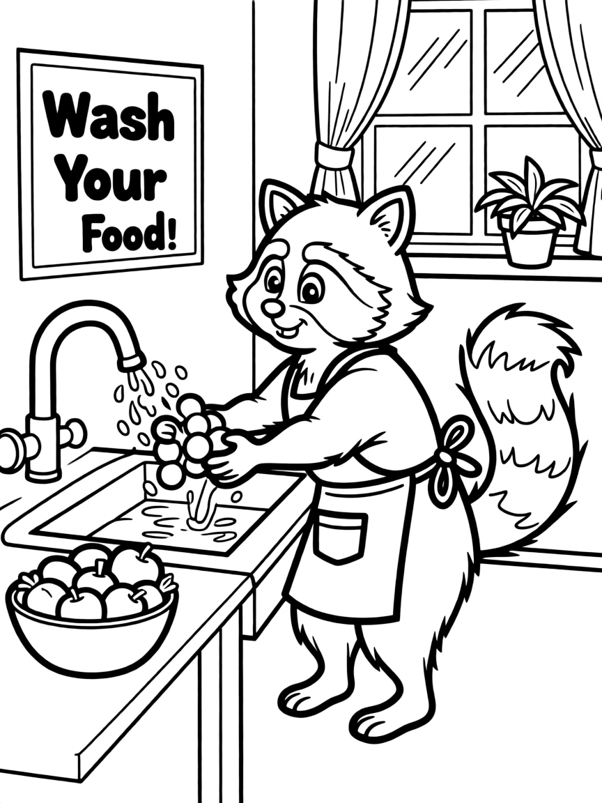 a clever raccoon washing food coloring page