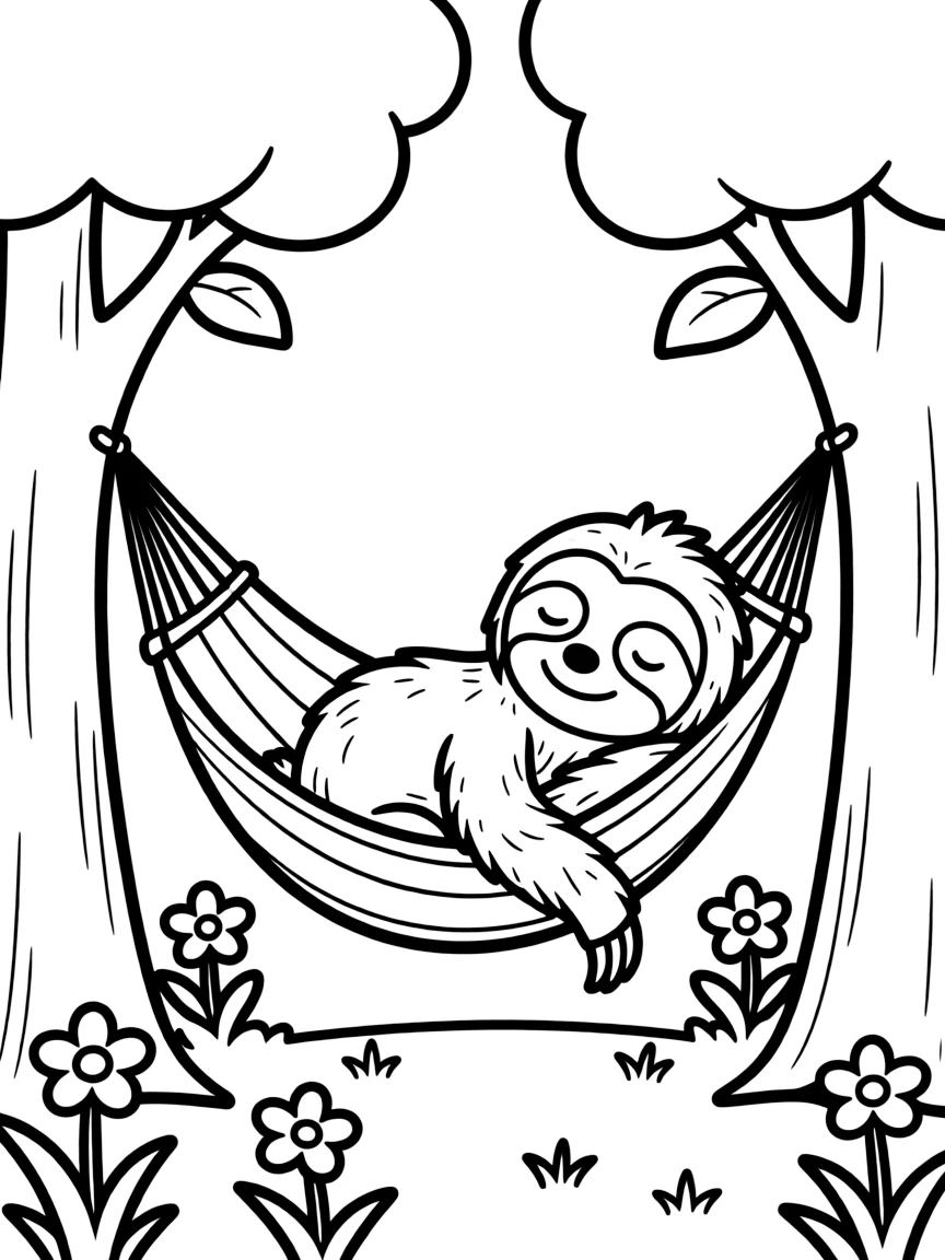 a friendly sloth sleeping in a hammock coloring page