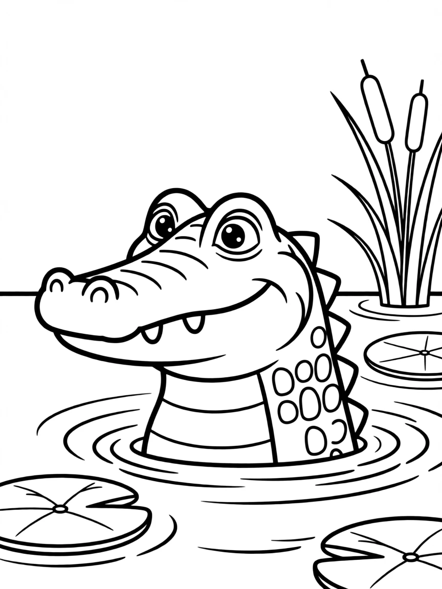 a sly alligator peeking out of water coloring page