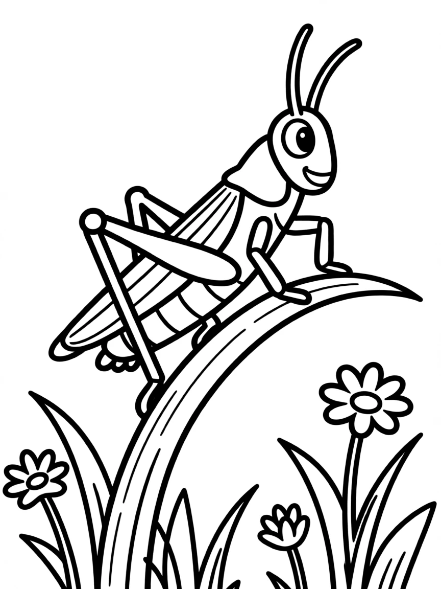 a jumping grasshopper on a blade of grass coloring page