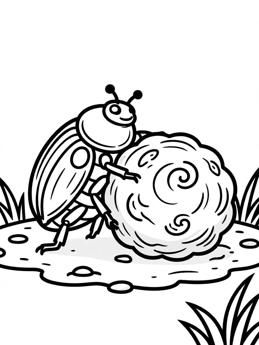 a busy beetle rolling a ball of dung coloring page