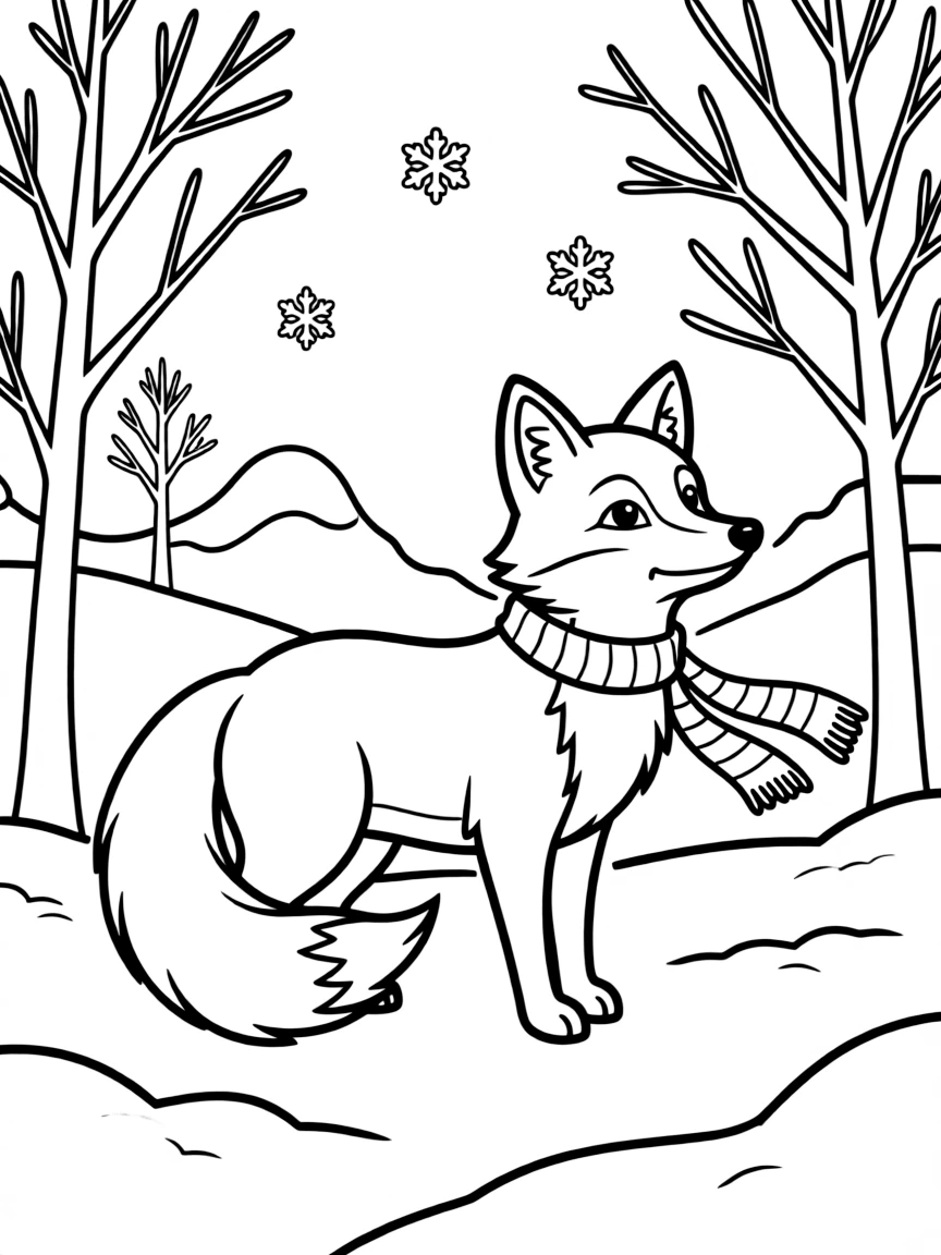 a graceful fox in a snowy landscape coloring page
