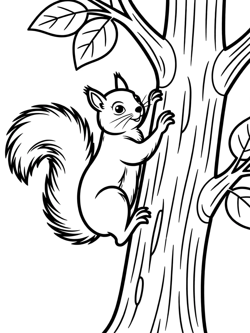 a swift squirrel climbing a tree coloring page