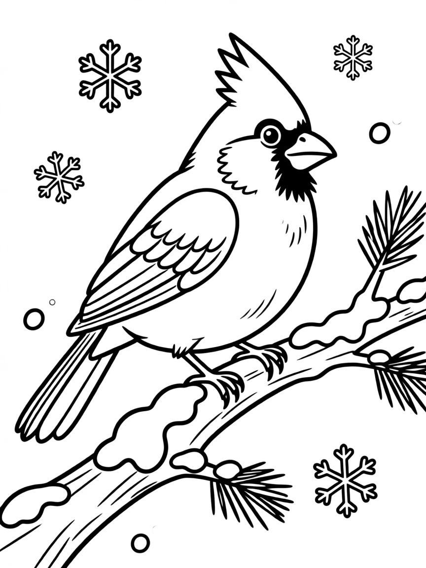 a cheerful cardinal on a snowy branch coloring page