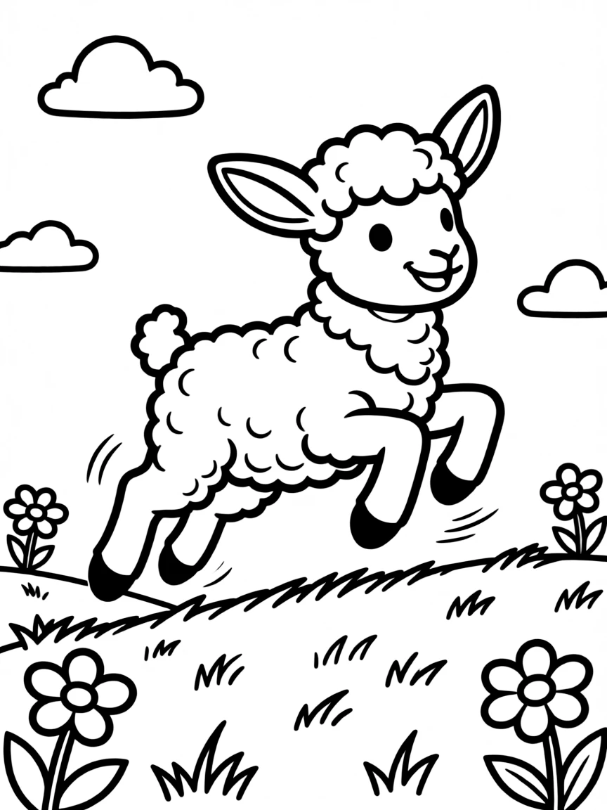 a fluffy lamb jumping in a field coloring page