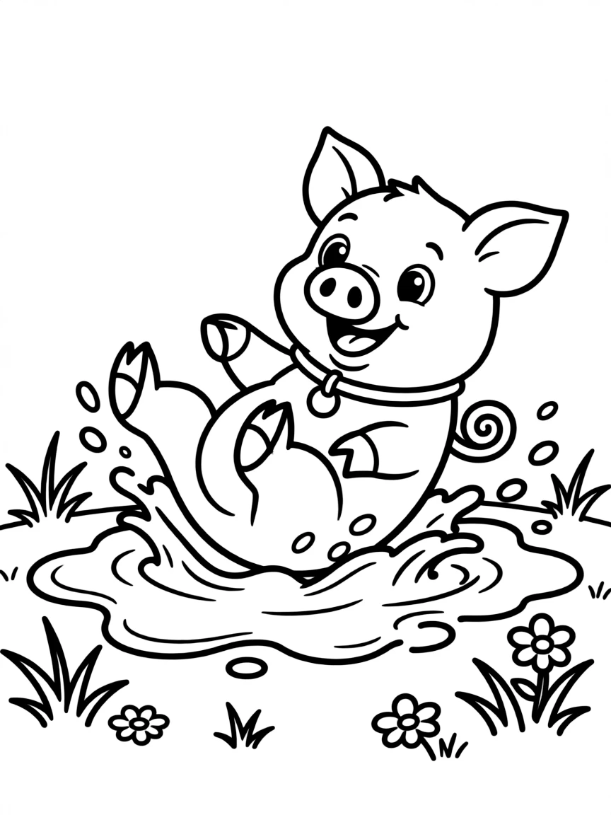 a playful pig rolling in mud coloring page