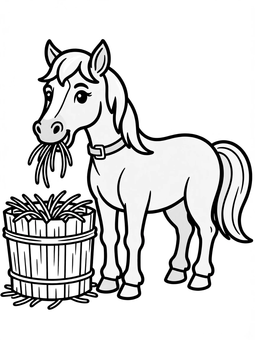 a friendly horse munching hay coloring page