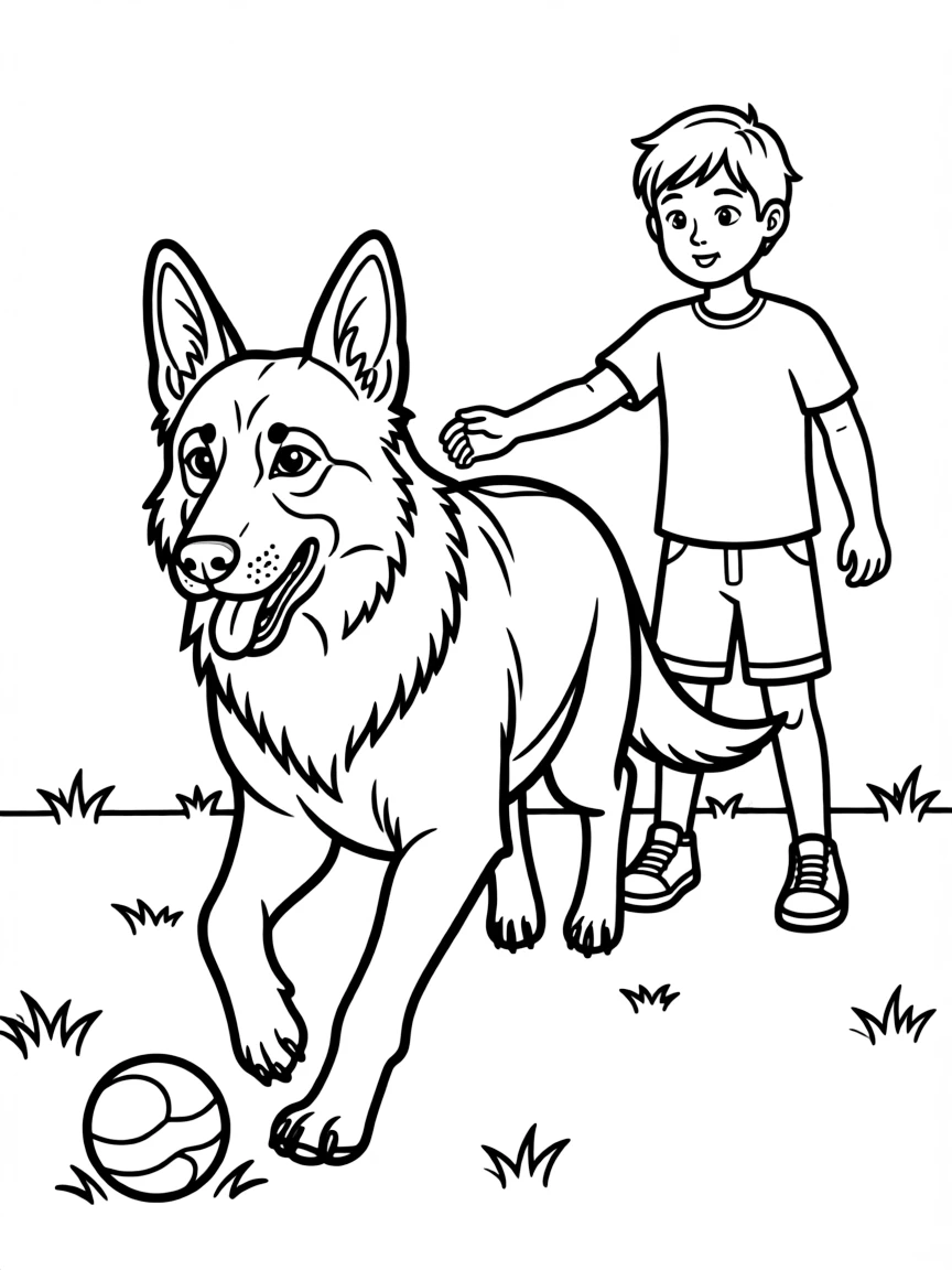a loyal German Shepherd playing fetch coloring page
