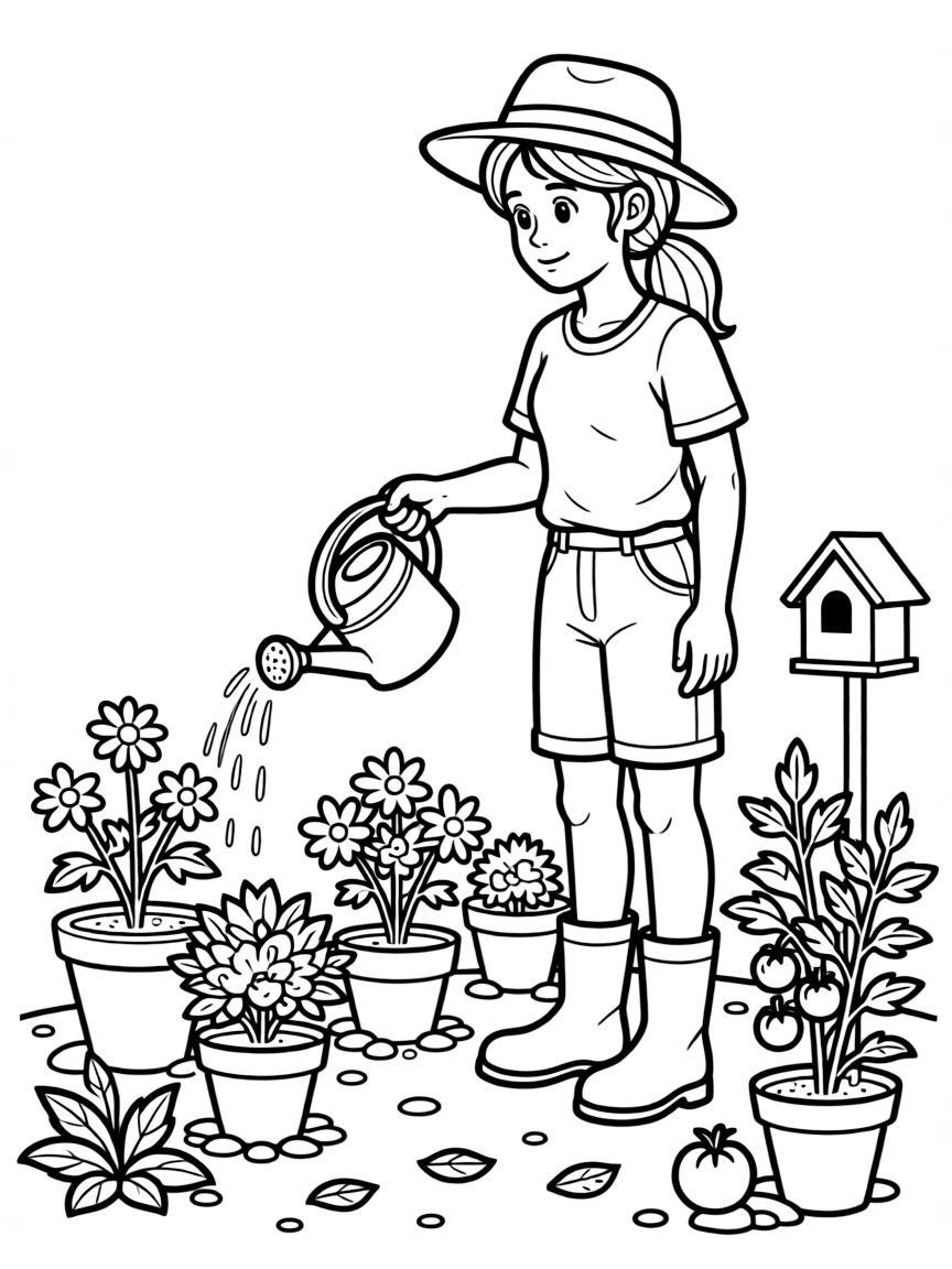 a busy gardener watering plants coloring page