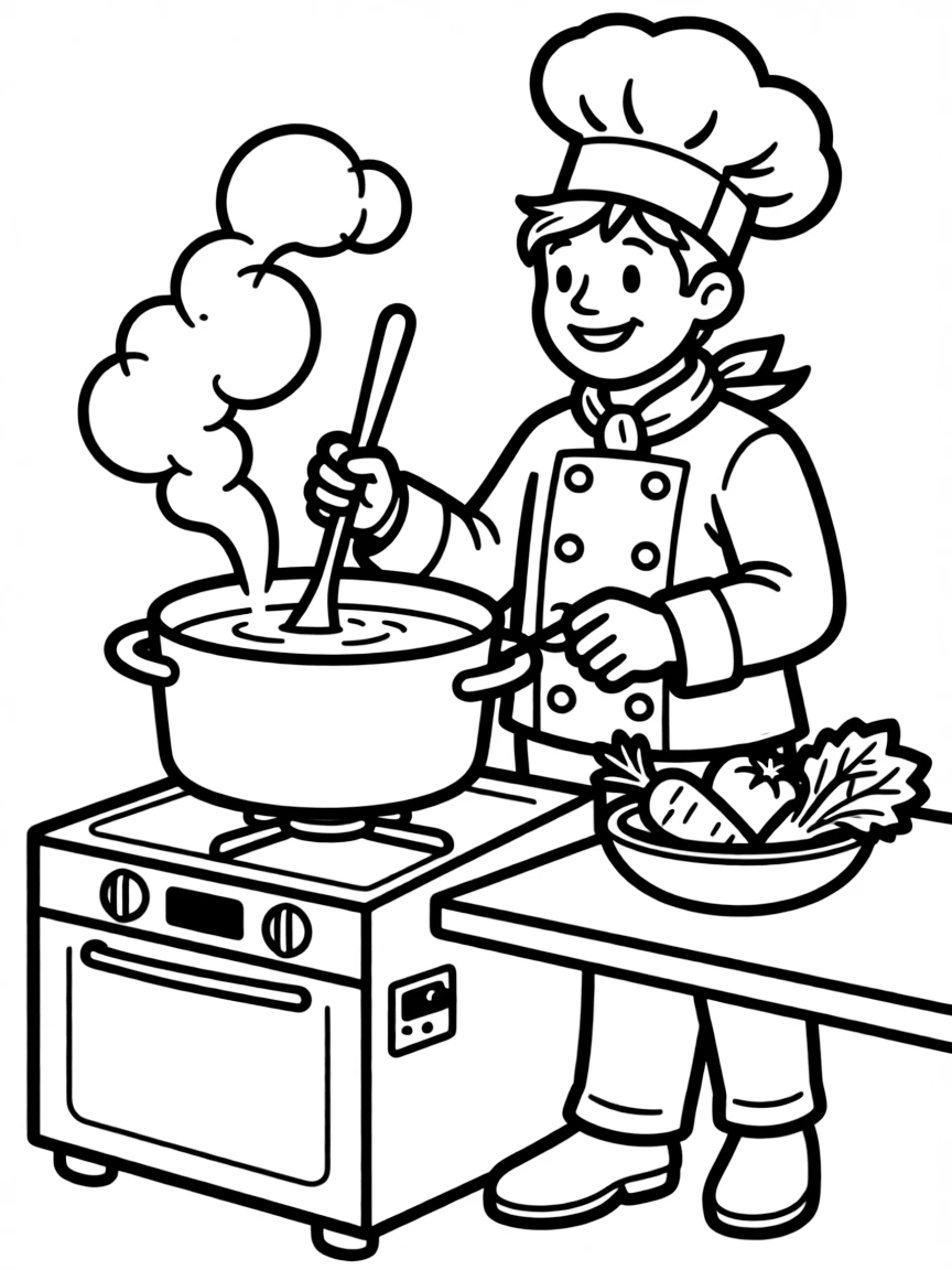a cheerful chef stirring a pot coloring page