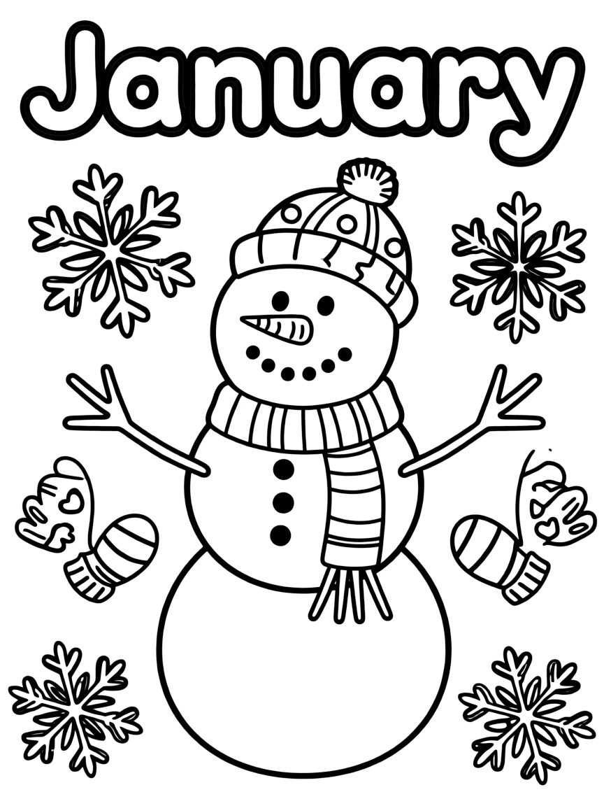 Cheerful coloring page with snowflakes, mittens, and a snowman. Title "January" on the top