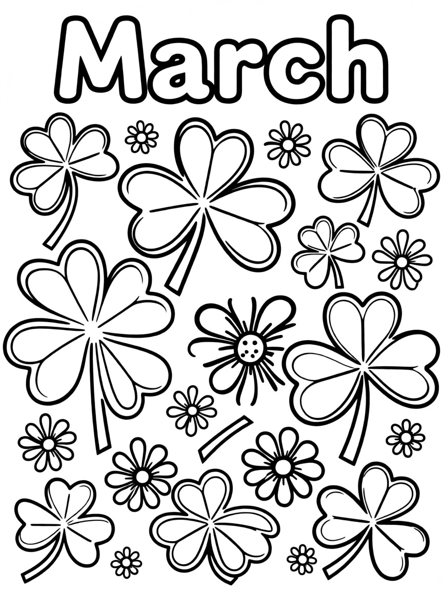 Playful coloring page with shamrocks and flowers. Title "March" on the top