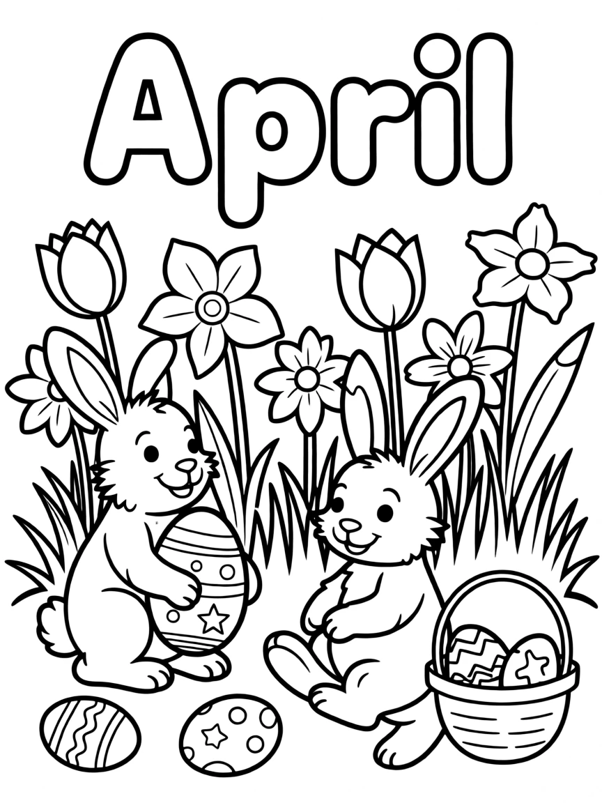 Fresh coloring page with Easter eggs, bunnies, and spring flowers. Title "April" on the top