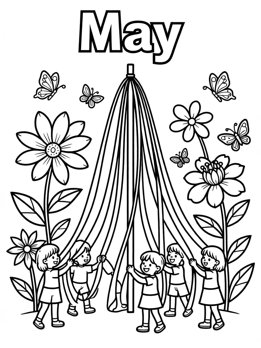 Blooming coloring page with flowers, butterflies, and May pole ribbons. Title "May" on the top