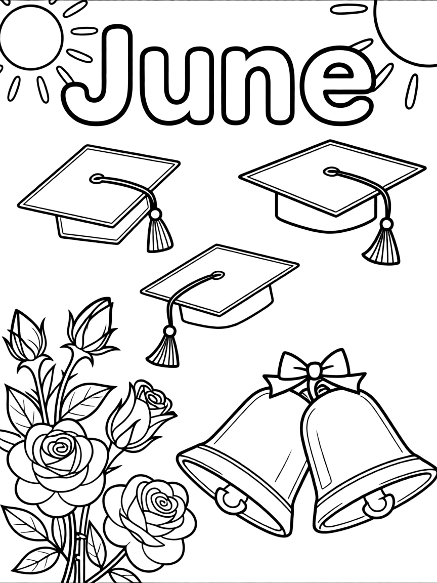 Sunny coloring page with graduation caps, wedding bells, and roses. Title "June" on the top