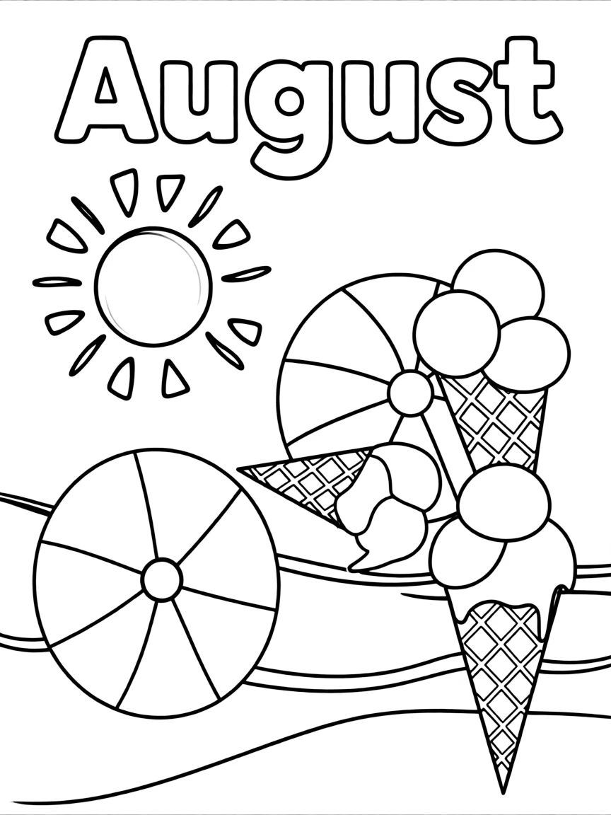 Summery coloring page with sun, beach balls, and ice cream cones. Title "August" on the top