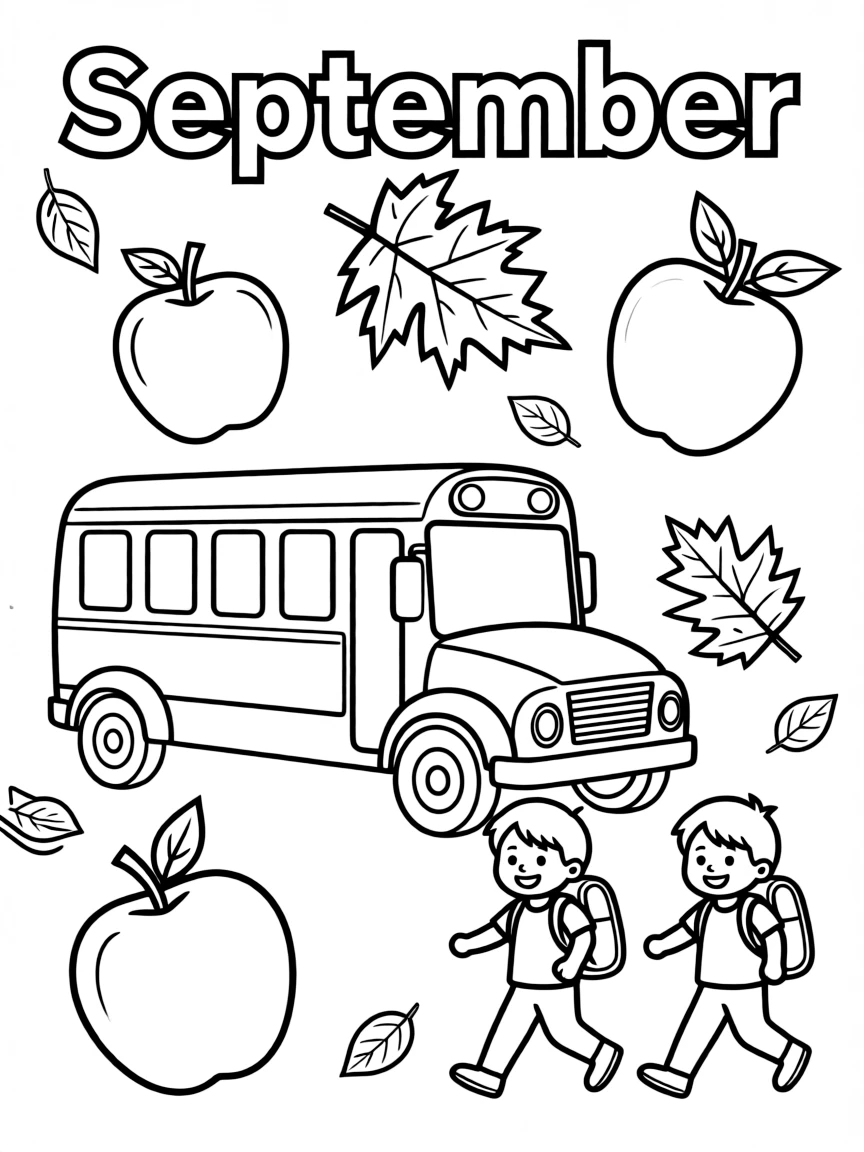 Academic coloring page with apples, school buses, and falling leaves. Title "September" on the top