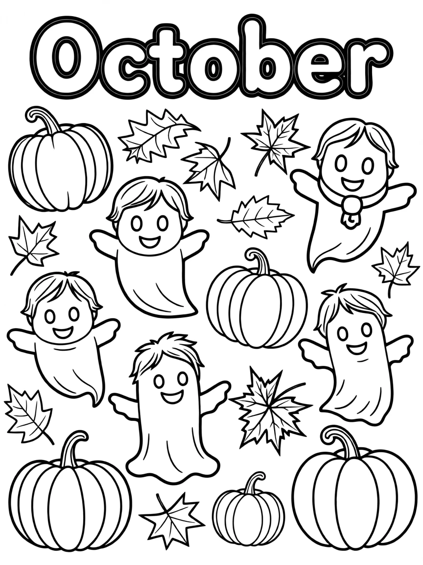 Spooky coloring page with pumpkins, autumn leaves, and friendly ghosts. Title "October" on the top