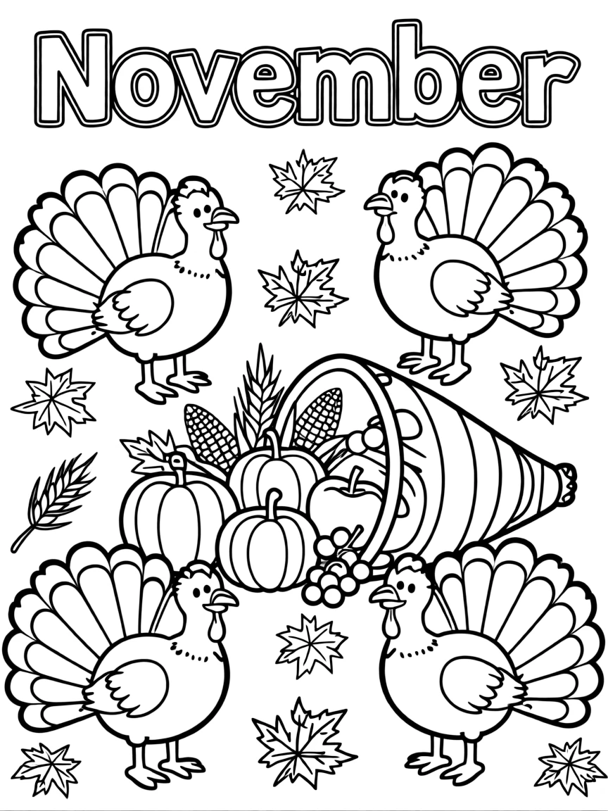 Grateful coloring page with turkeys, cornucopias, and fall harvest. Title "November" on the top