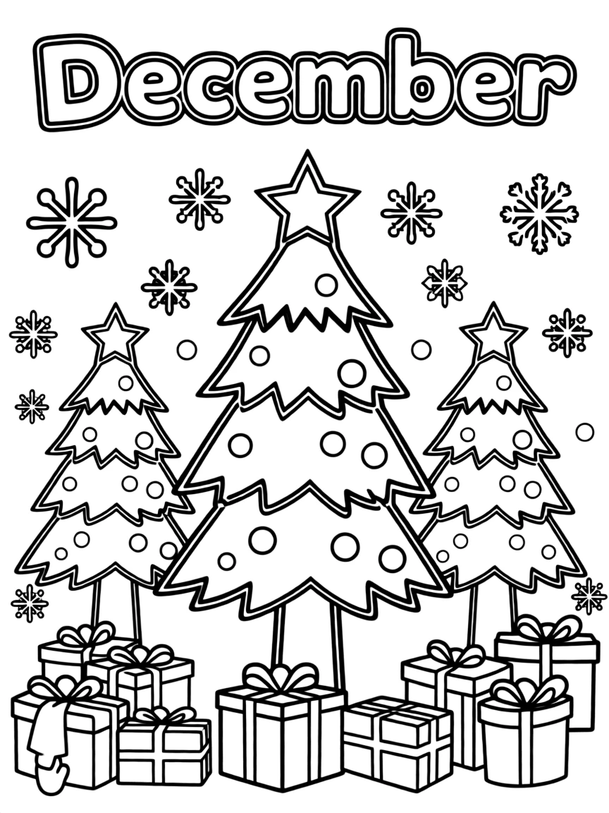 Festive coloring page with Christmas trees, snowflakes, and wrapped presents. Title "December" on the top