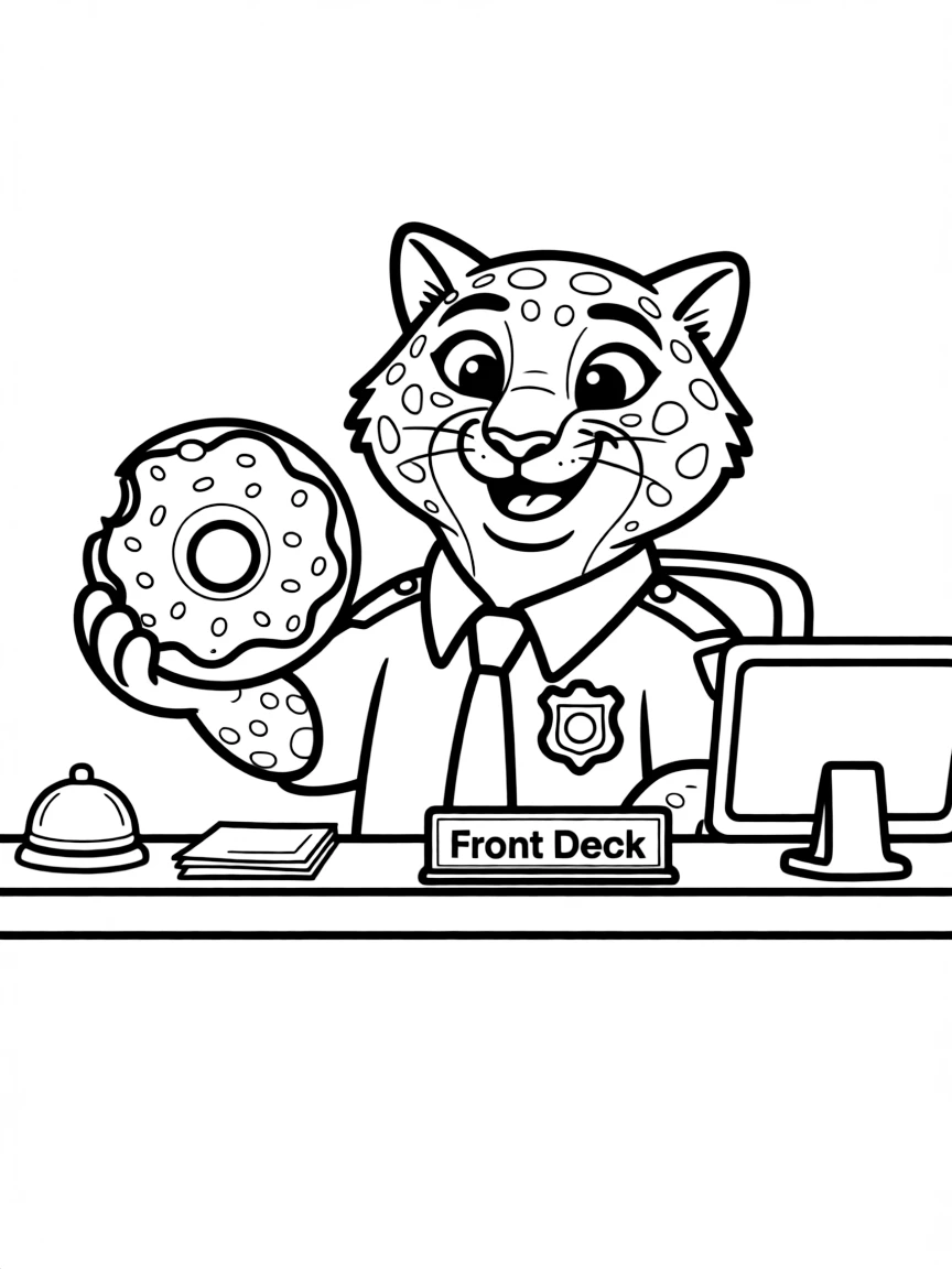 (Zootopia) Clawhauser eating a donut at the front desk  