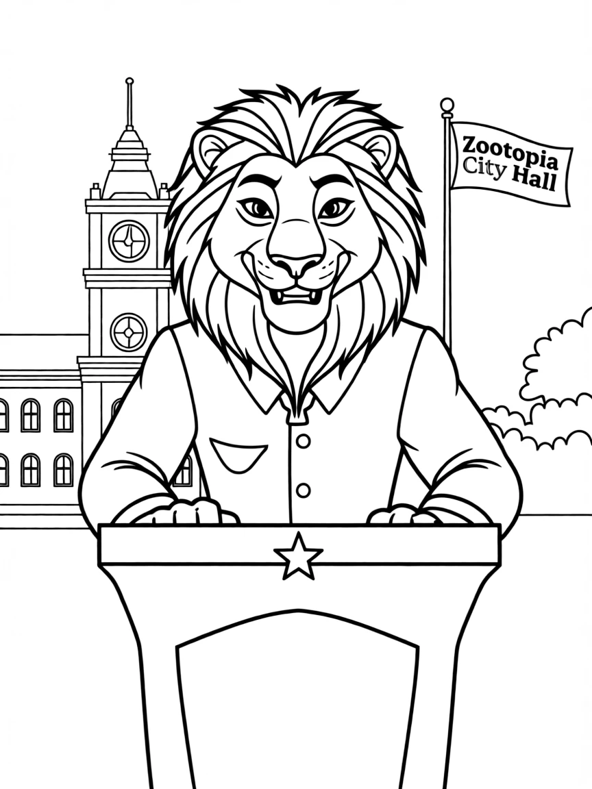 (Zootopia) Mayor Lionheart giving a speech with a proud expression  