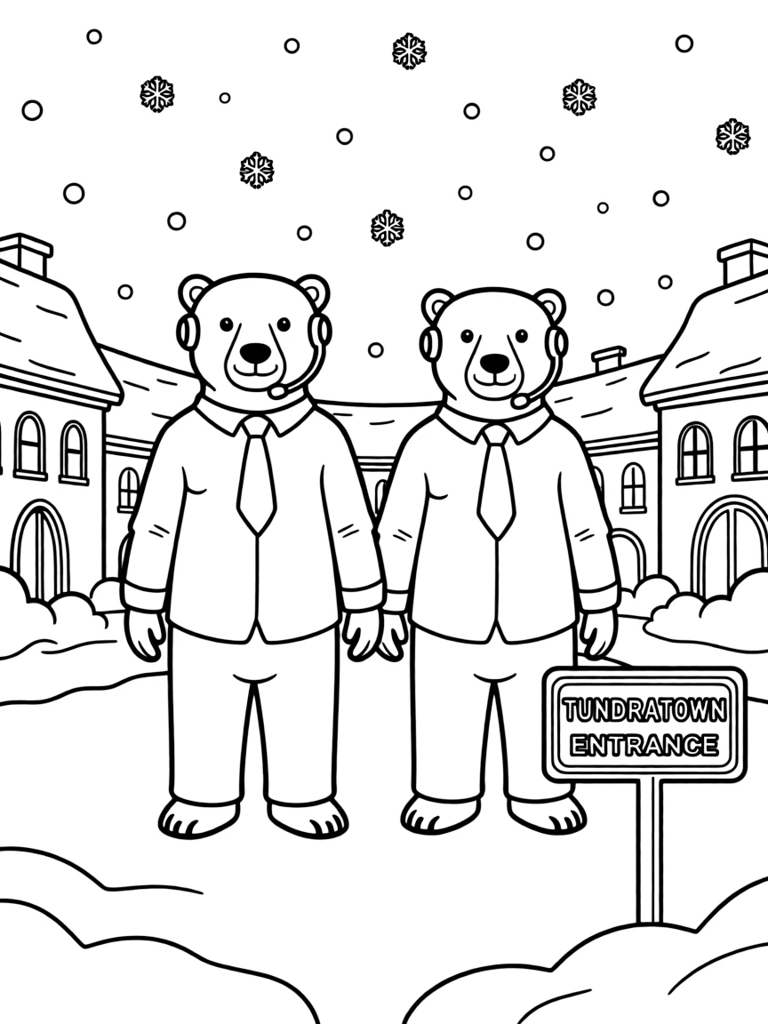 (Zootopia) A snowy scene from Tundratown with polar bear bodyguards  