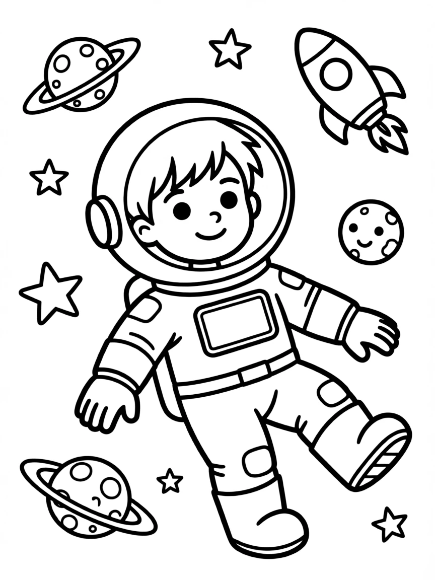 Cute cartoon astronaut floating in space coloring book page