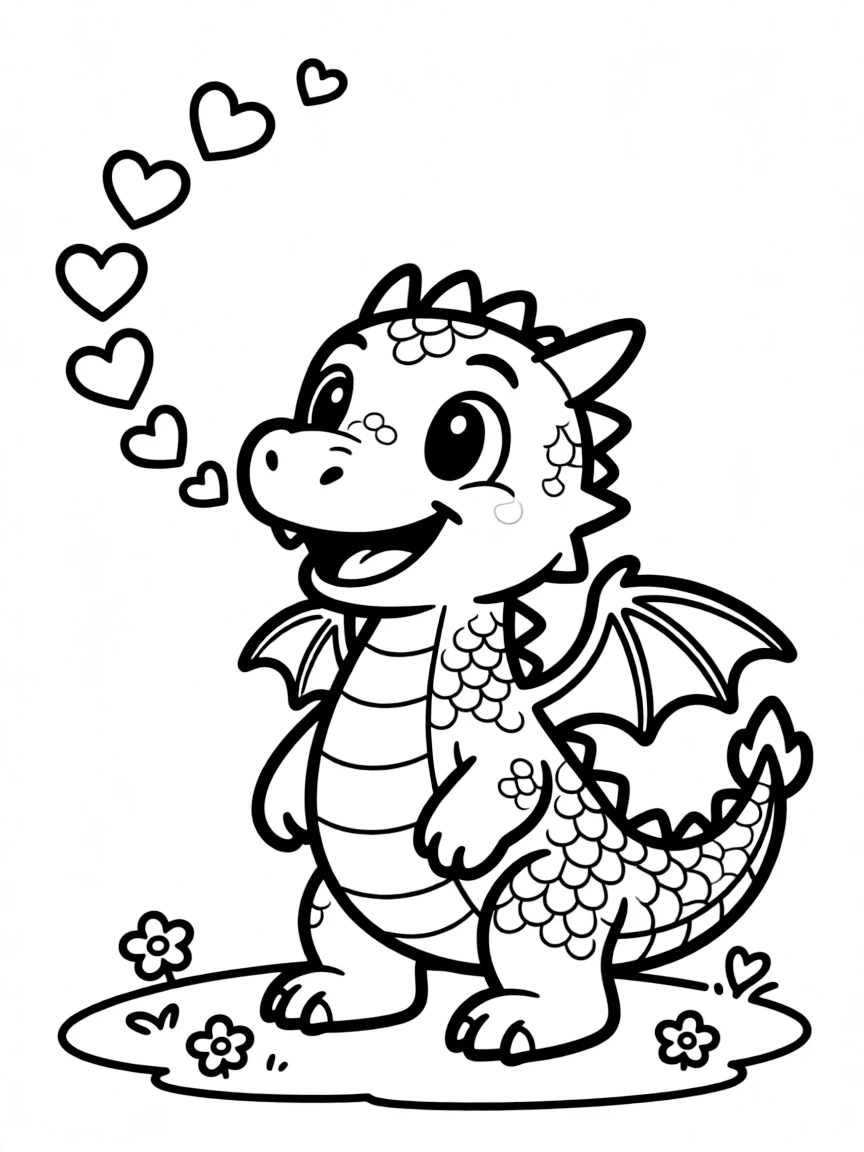 Cute cartoon dragon breathing tiny hearts coloring book page