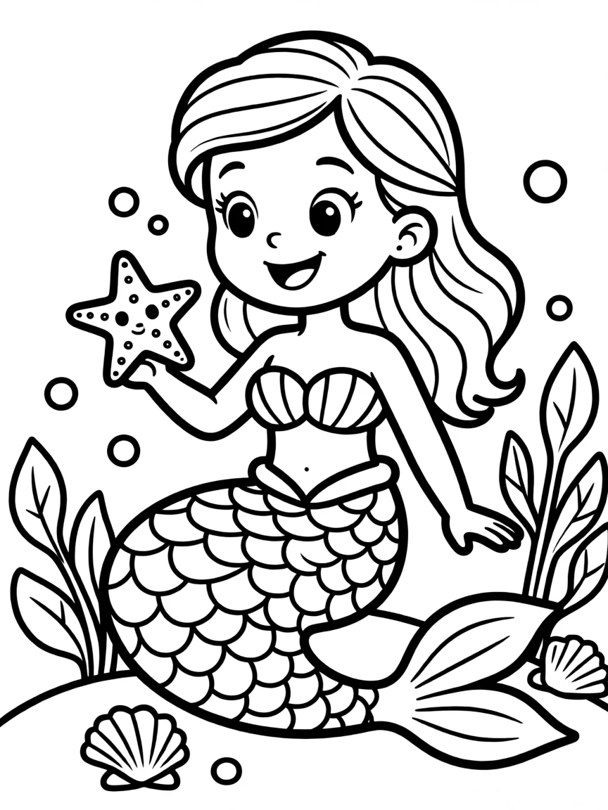 Cute cartoon mermaid playing with a starfish coloring book page