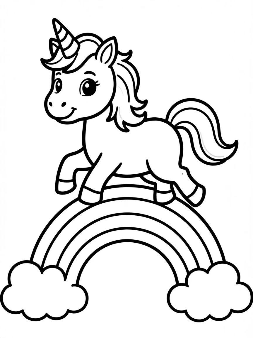 Cute cartoon unicorn jumping over a rainbow coloring book page