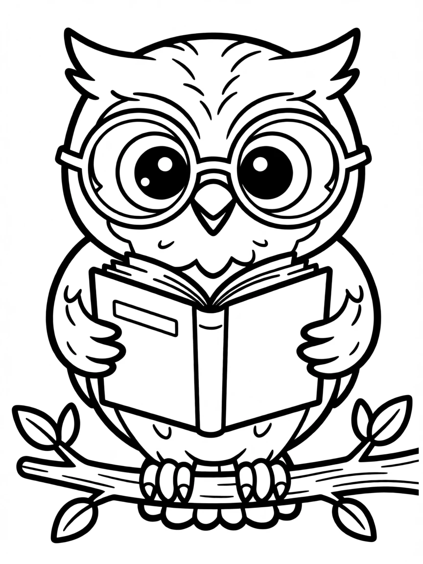 Cute cartoon owl wearing glasses reading a book coloring book page