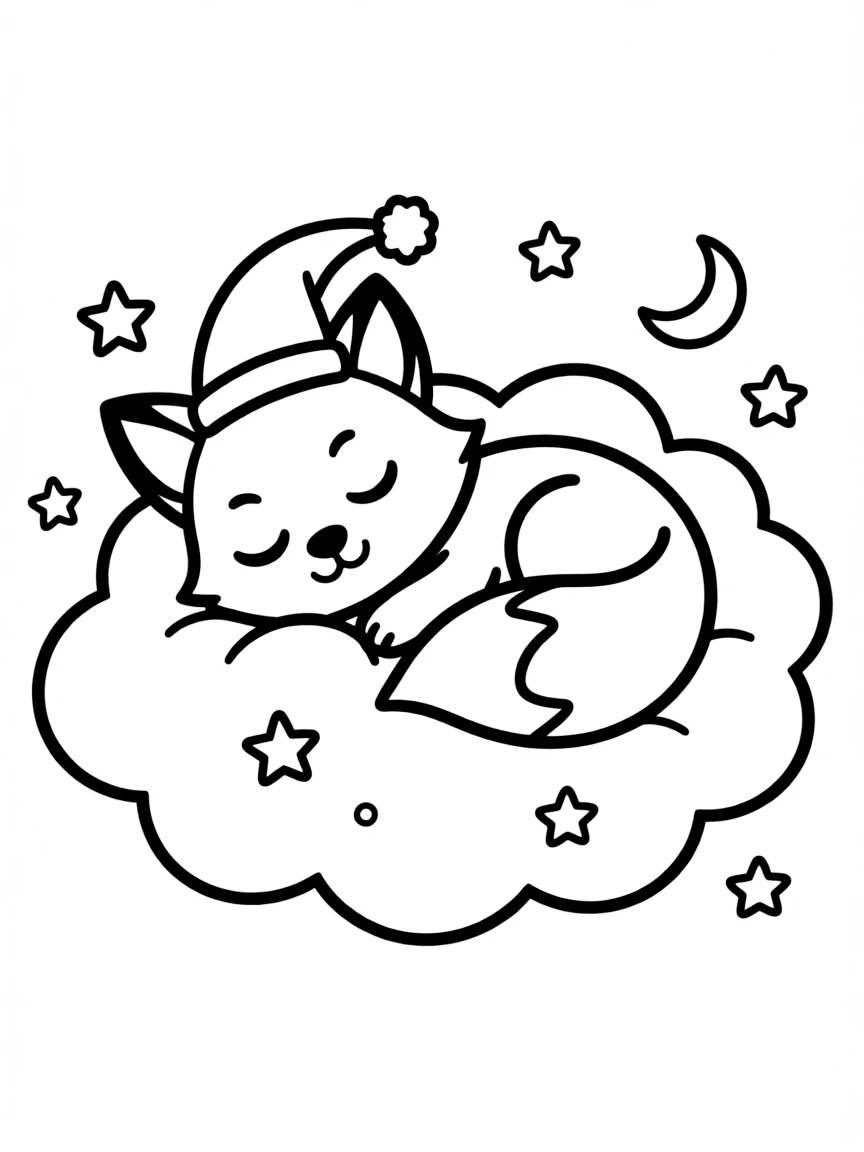Cute cartoon fox sleeping on a cloud coloring book page