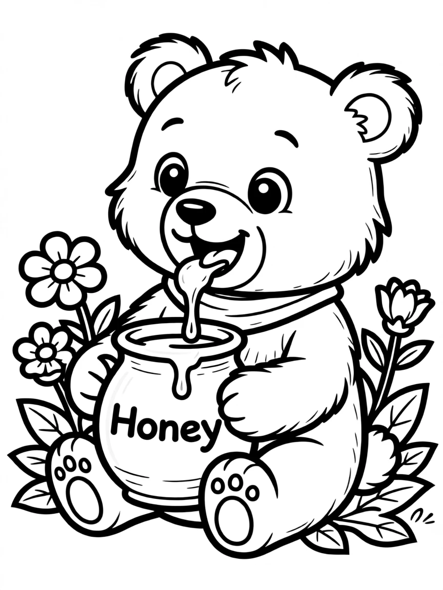 Cute cartoon bear eating honey coloring book page