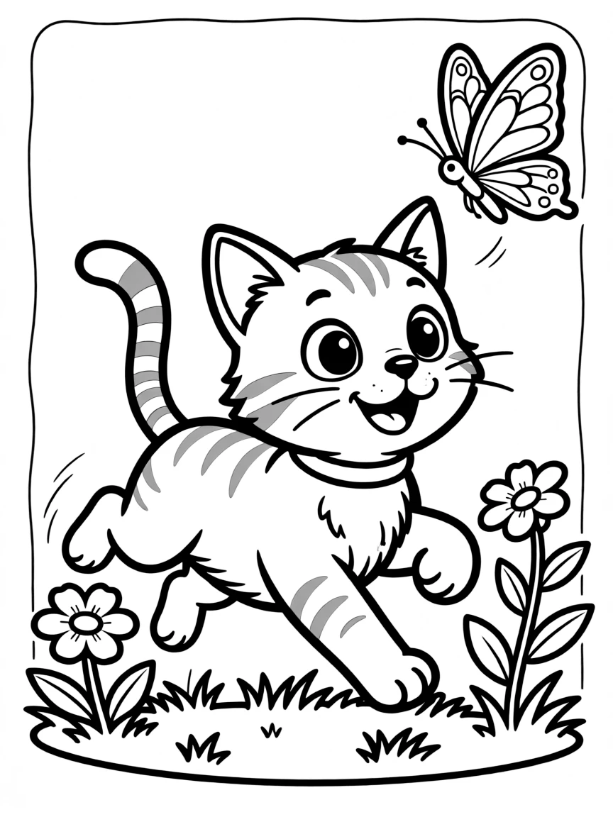 Cute cartoon cat chasing a butterfly coloring book page