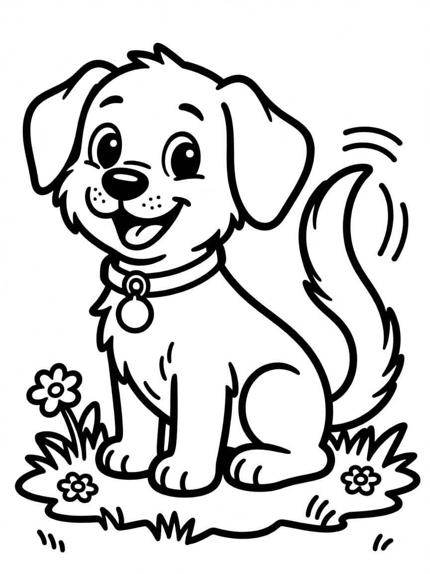 Cute cartoon dog wagging its tail coloring book page