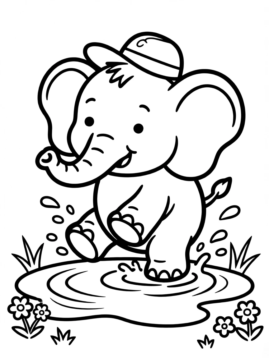 Cute cartoon elephant splashing in a puddle coloring book page
