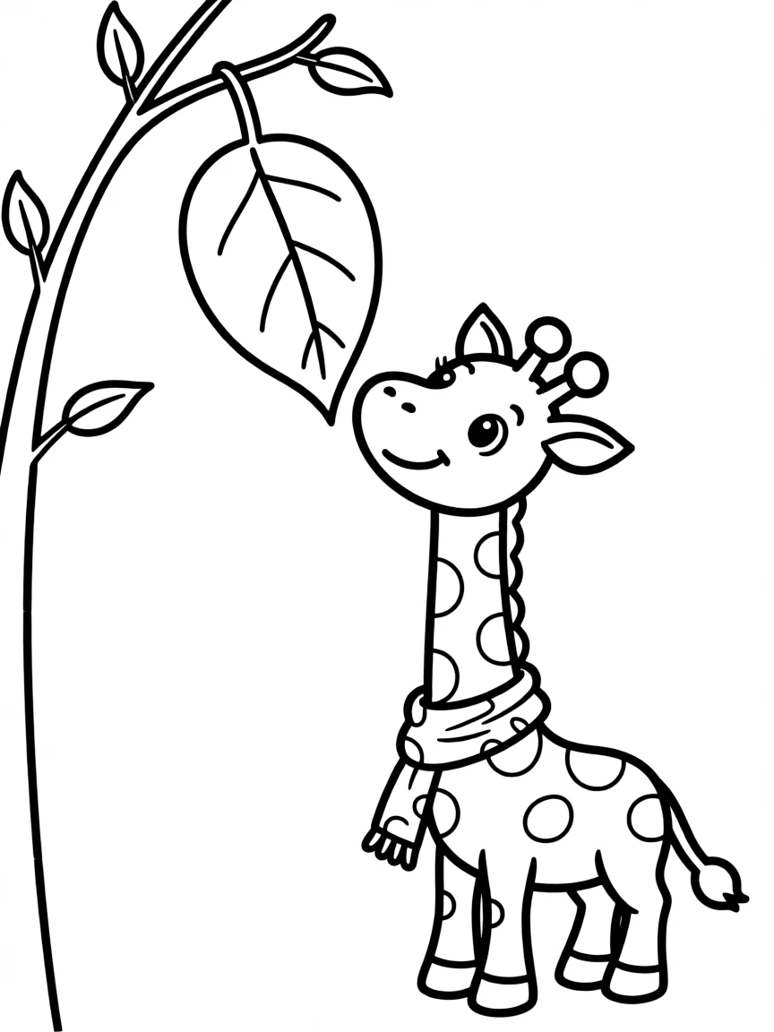 Cute cartoon giraffe reaching for a leaf coloring book page