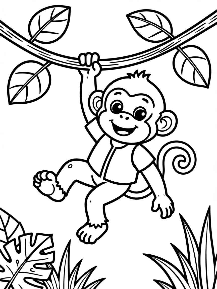 Cute cartoon monkey swinging on a vine coloring book page