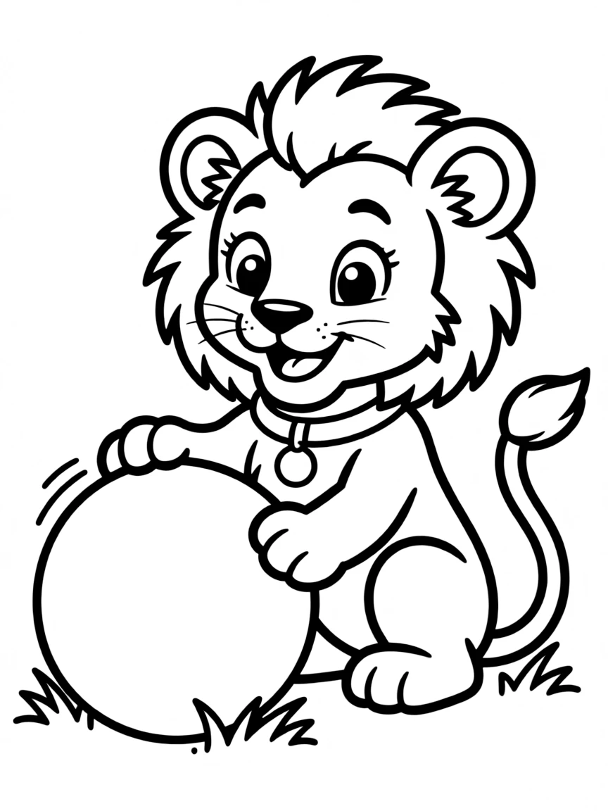 Cute cartoon lion cub playing with a ball coloring book page
