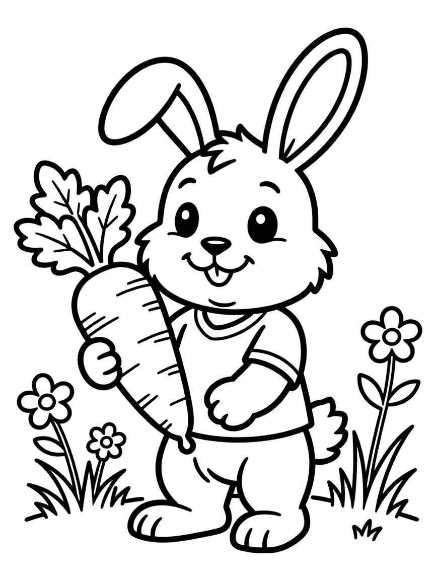 Cute cartoon bunny holding a carrot coloring book page