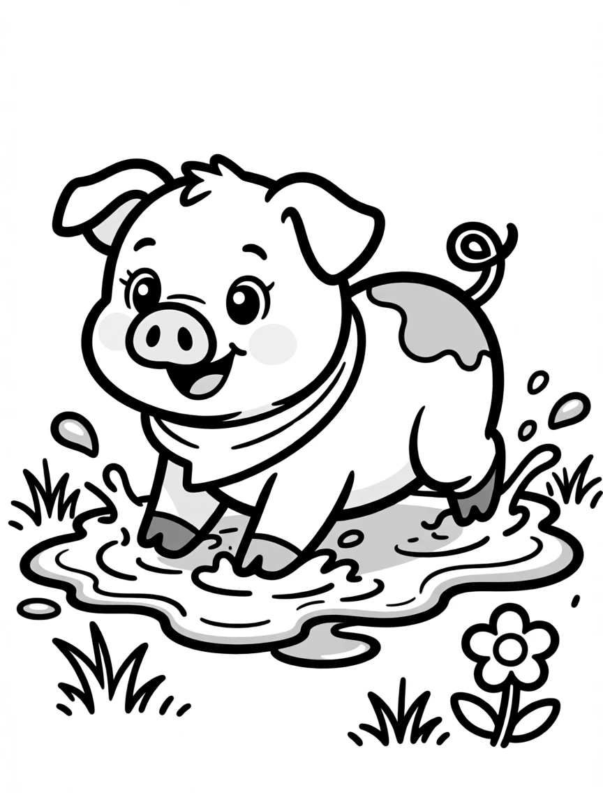 Cute cartoon pig rolling in mud coloring book page