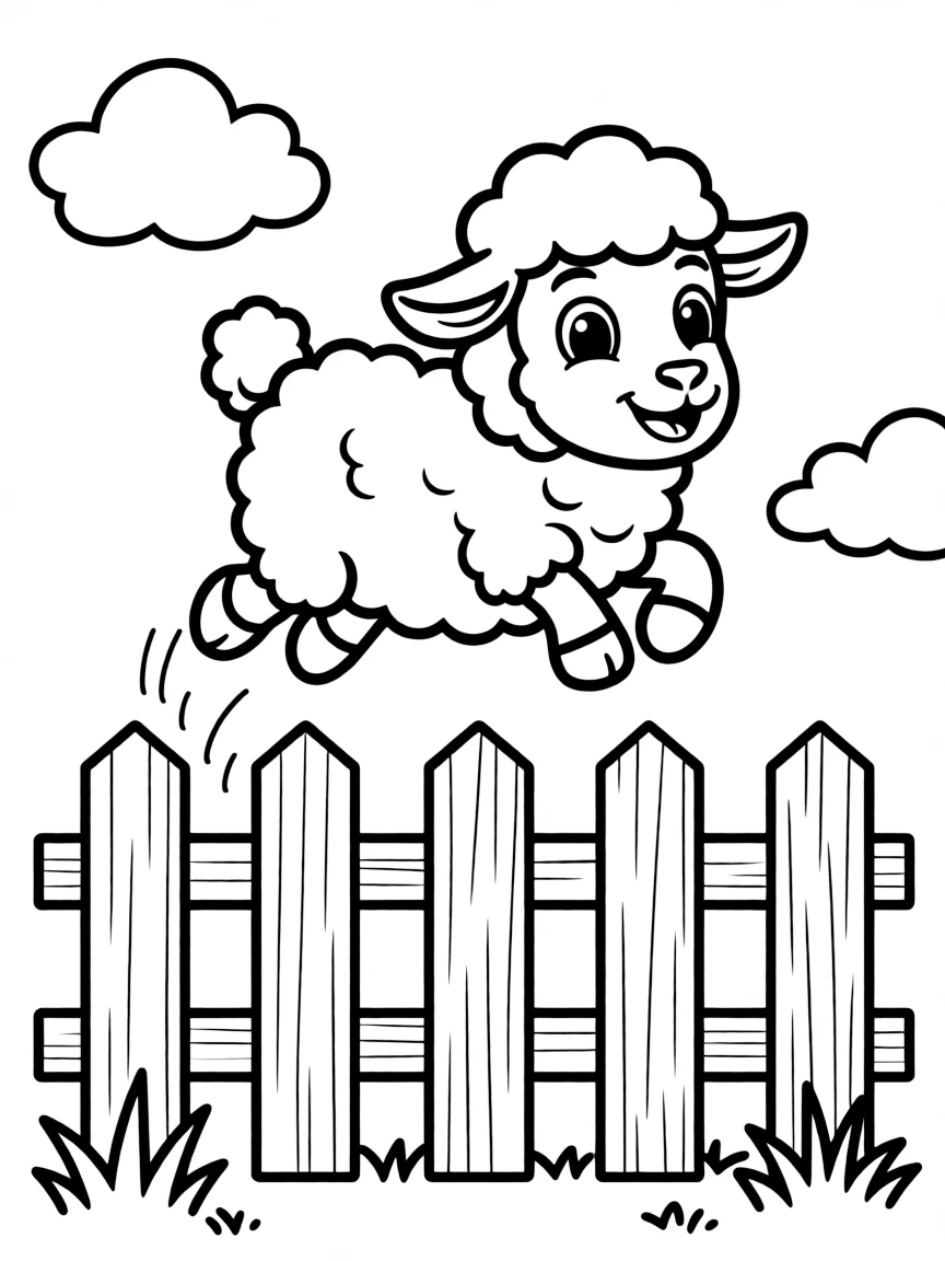 Cute cartoon sheep jumping over a fence coloring book page