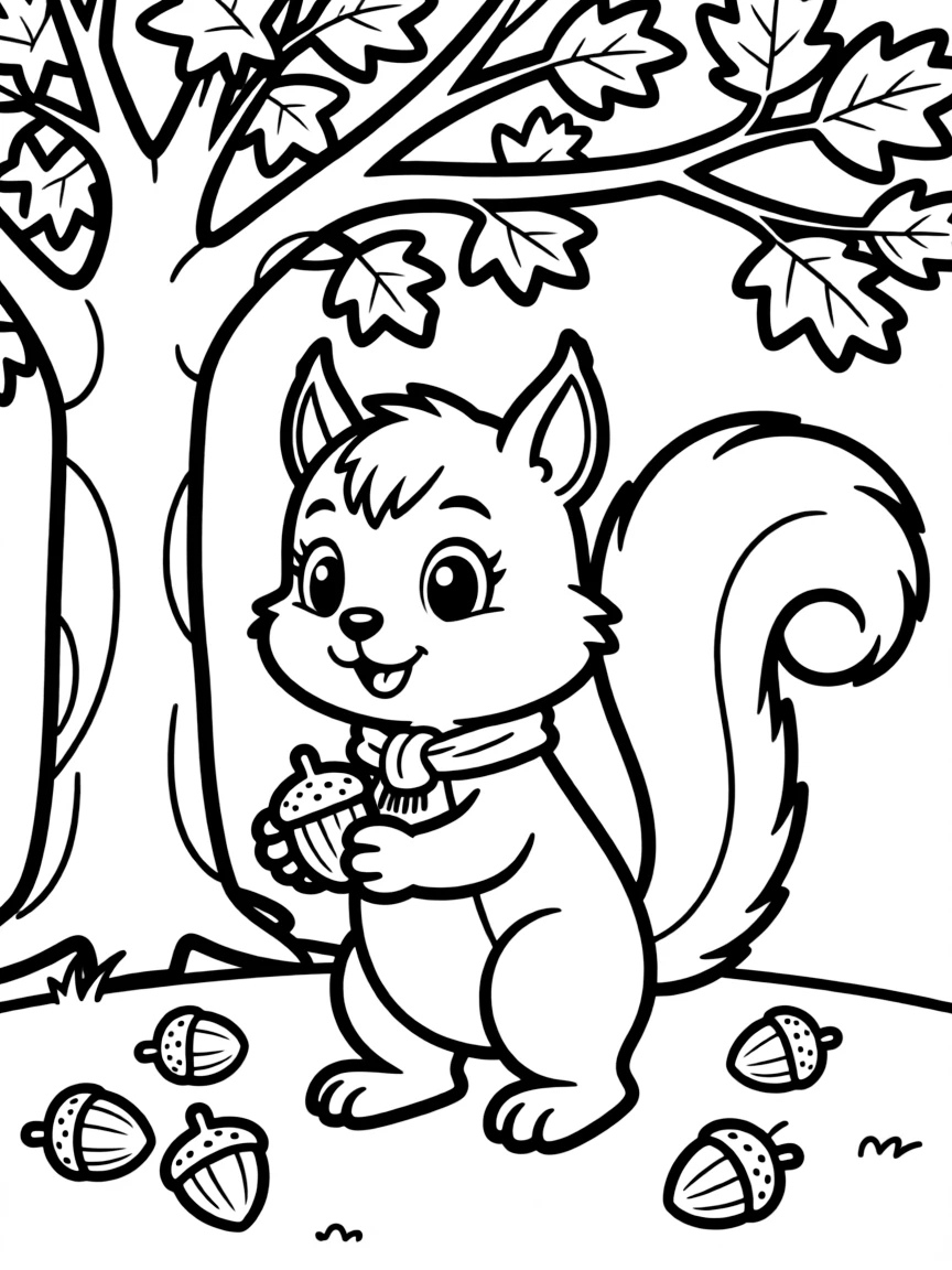 Cute cartoon squirrel gathering acorns coloring book page